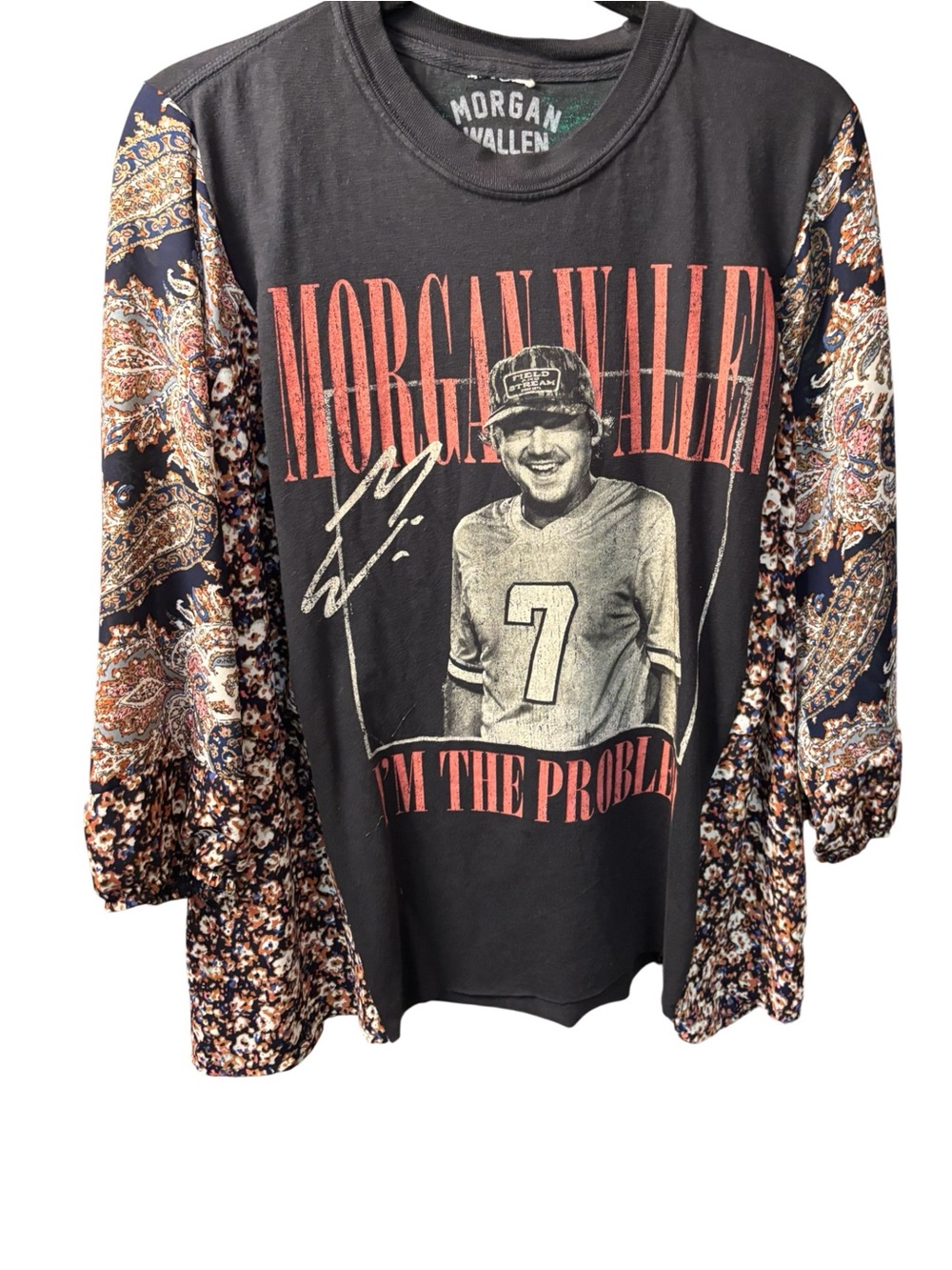 Morgan Wallen Black Graphic Upcycled with Long Sleev sheer Paisley Sleeves